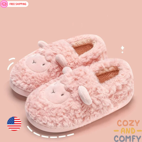 Women's & Men's Winter Cartoon Plush House Slippers – Fluffy Faux Sheep Slides - Picture 4 of 13