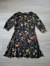 Oasis Black Floral Flared Frilled Dress Embroidered Trim Smart Holiday Boho UK14