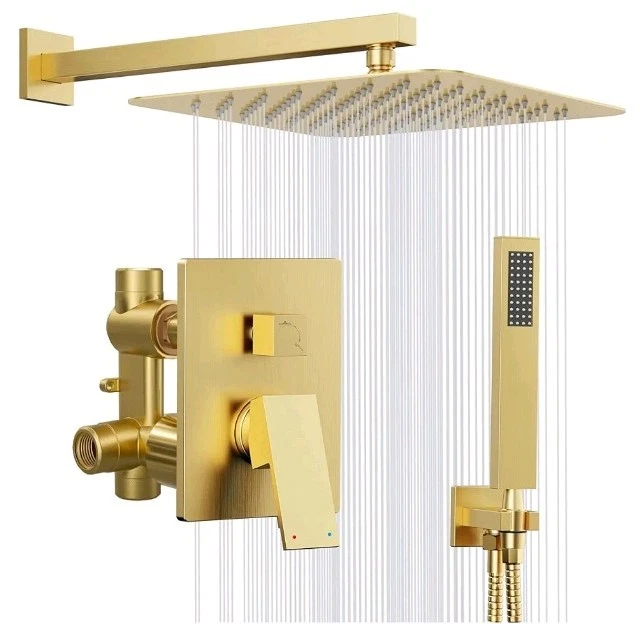 Kurpot Gold Shower System 10'' Square Rainfall Shower Head, Handheld Combo Spray