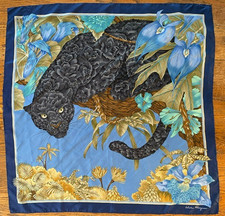 Salvatore Ferragamo Silk Scarf Black Jaguar Leopard Floral Hand Rolled 34 X 34 Salvatore Ferragamo Silk Scarf Black Jaguar Leopard Floral Hand Rolled 34 X 34