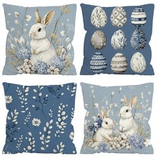 Easter Bunny Throw Pillow Covers 18x18 Inch, Hydrangea Blue Easter Eggs Cushi...
