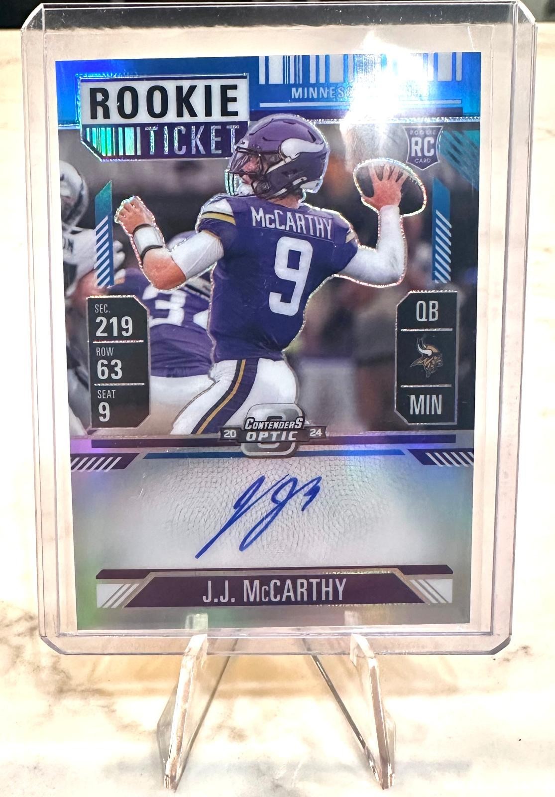 2024 CONTENDERS OPTIC J.J. McCARTHY #101 TEAL RC TICKET AUTO 60/99 MIN VIKINGS