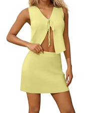 Women's V-Neck Sleeveless Crop Vest & Mini Skirt Set, Sexy Knit Two-Piece