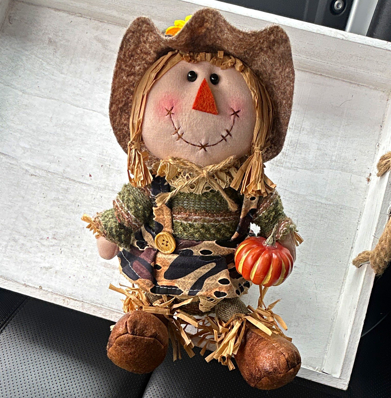 13-inch Autumn Fall Shelf Sitter Scarecrow Straw Doll w Camo Overalls & Pumpkin