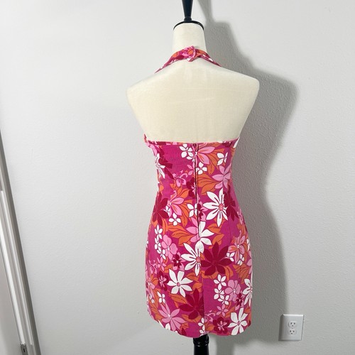 90s Y2K Vintage Halter Mini Dress Pink Floral Hawaiian Tropical Barbie Size 7/8 - Picture 5 of 10