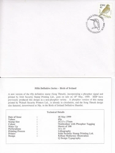 IRELAND EIRE 1999 BIRDS 45p DEFINITIVE SERIES FIRST DAY COVER FDC SG1057p  RARE