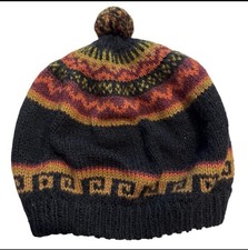 Vintage Alpaca Wool Beanie Hat Fair Isle Pom Made in Uruguay Andean Knit Boho