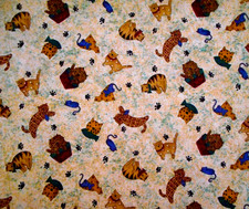 Cotton Fabric 1/2 Yard Cats Mice Paw Prints on Dk GOLD  Green Debbie Mumm Vtg