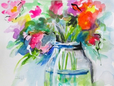 Delilah wild flowers jar 11x15 impressionism watercolor contemporary COA