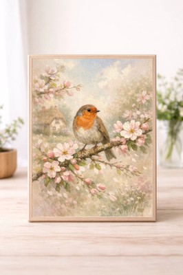 Rotkehlchen auf Blütenzweig Wandkunstdruck - Vintage Blumendekor von WinsterCreat...