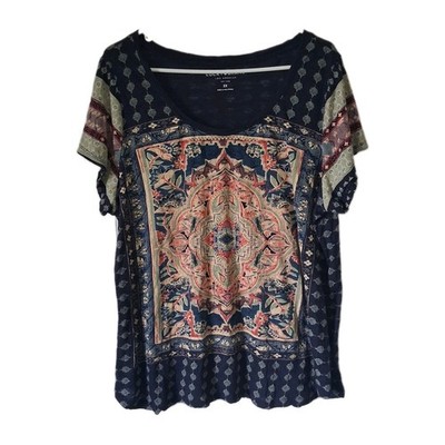 Lucky Brand Top Women's 2X Multicolor Floral Scoop Neck Short Sleeve Boho