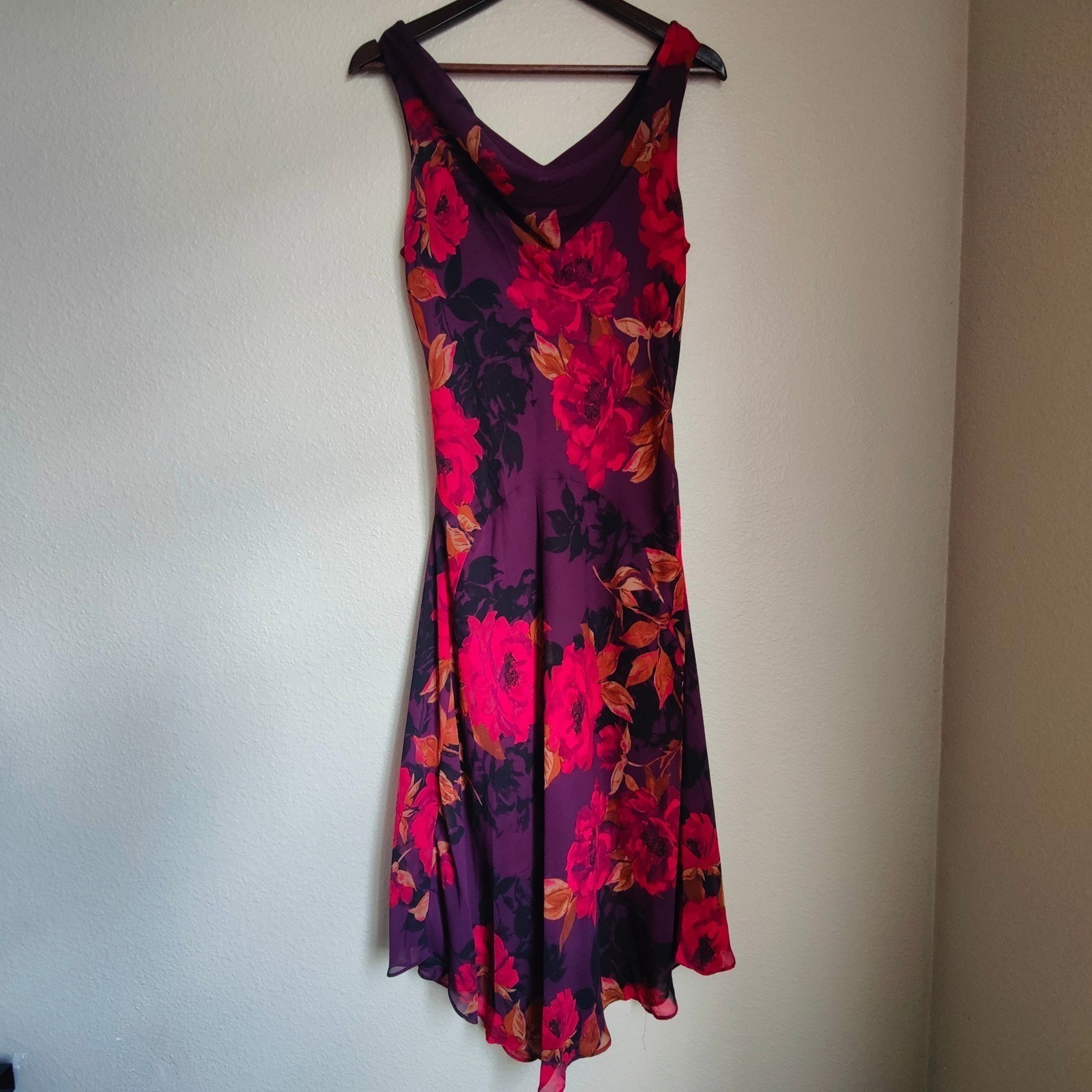 Robbie Bee Vintage Y2K Floral Bias Cut Cowl Neck Midi Dress Plum Whimsigoth 12