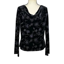Leslie Fay Black Velvet Floral Top Magic Waist Stretch Draped Neck Fairy Y2K NWT