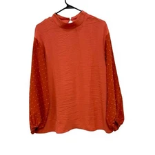 Womens Swiss Dot Sleeve Popover Blouse Orange Textured Career Womens M
