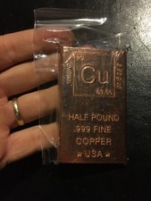 .999 Half Pound Copper Bar 2012 Provident Metals Mint Cu Element Pure Bullion