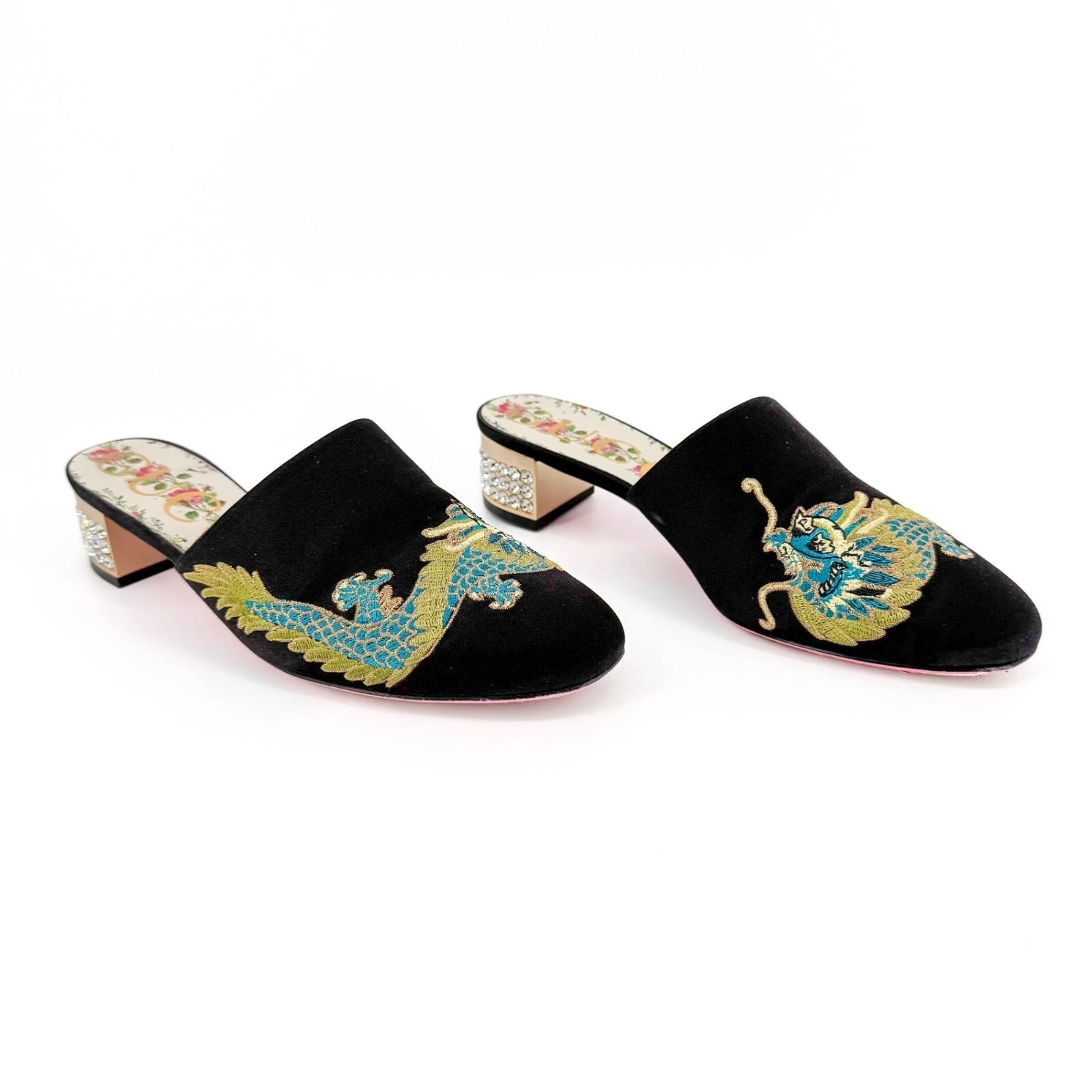 Gucci Dragon Brodé Bonbon Mules EU 37 US 7 Noir Satin Cristal Bloc Talon