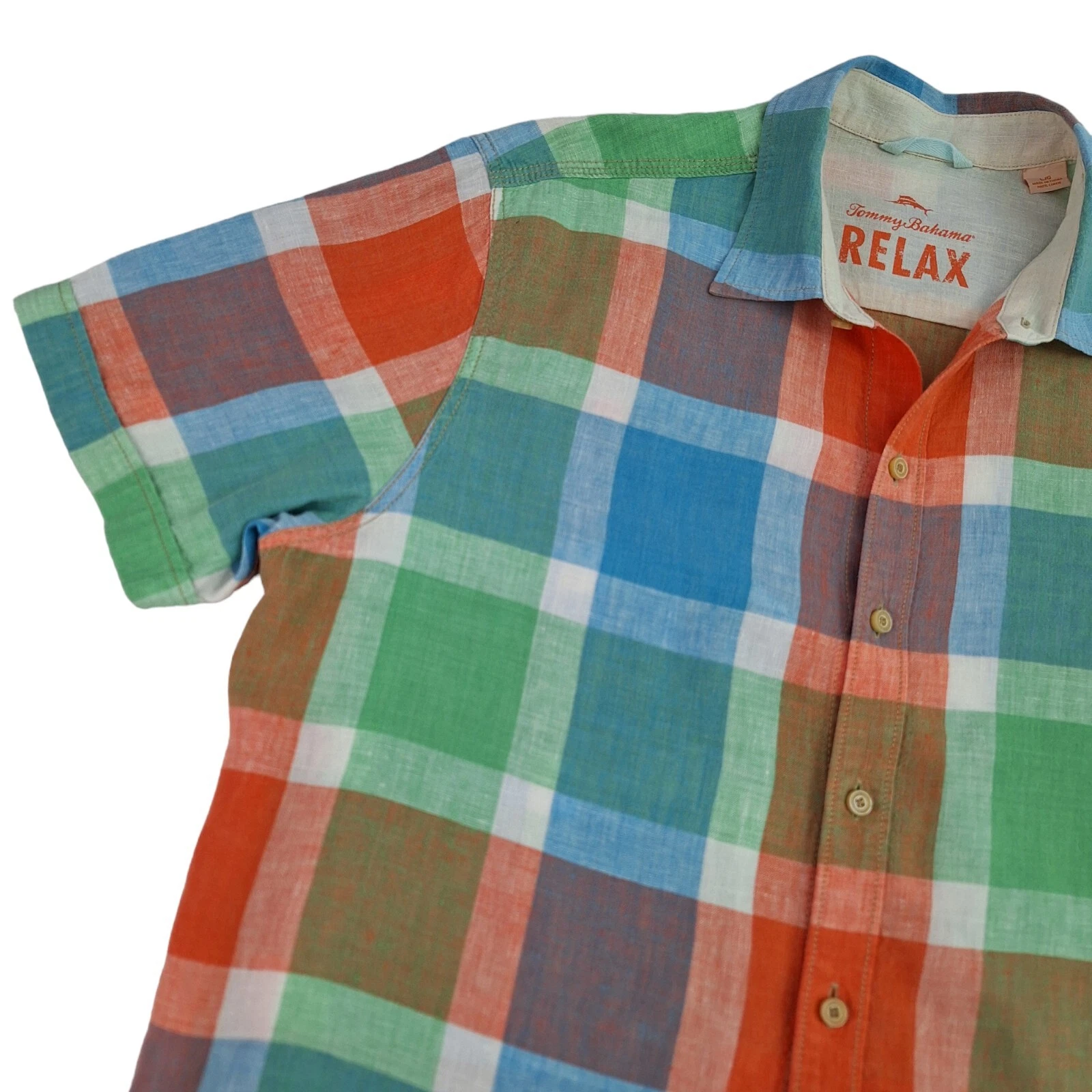 Tommy Bahama Button Shirt Mens Large Colorful Blue Orange Plaid 100% Linen EUC