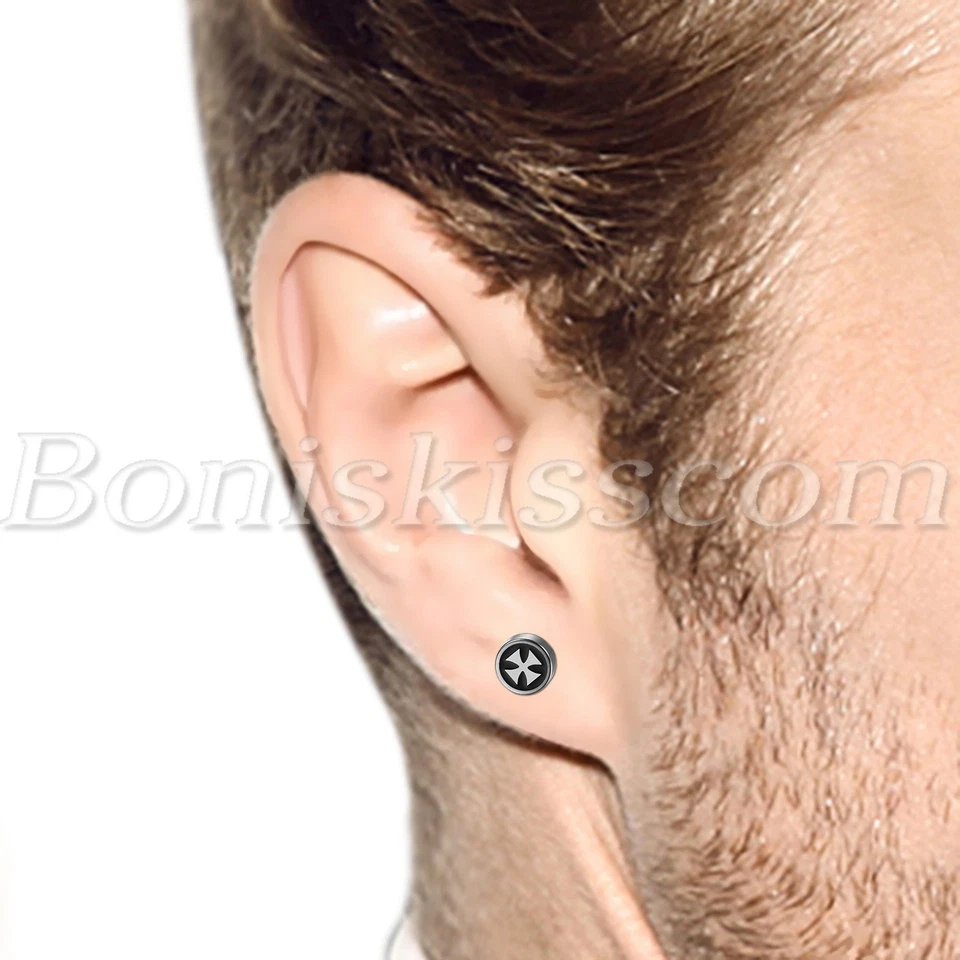 Mens Retro Celtic Cross Pattern No-pierced Clip On Round Magnetic Studs Earrings - Image 4 of 4
