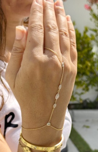 14K Yellow Gold Finger Bracelet Lab Diamond Ring Bracelet Chain Bracelet 0.85ctw - Picture 6 of 12