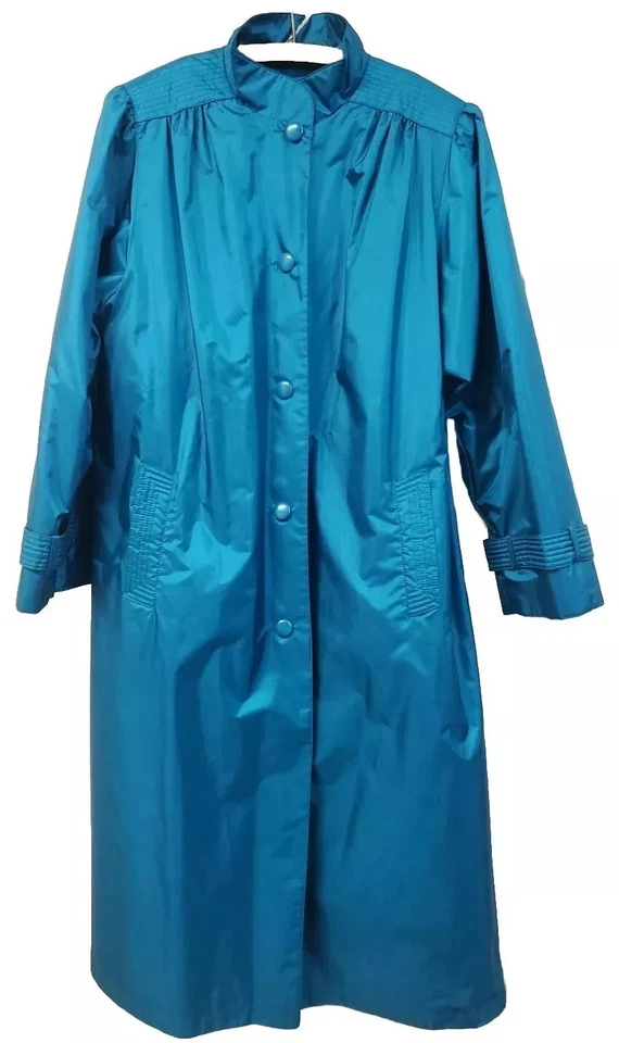 VINTAGE 1980's WINDSOR BAY Teal Nylon Long Coat Woman Size 14A Lining CLEAN - Image 4 of 4