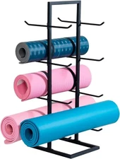 4 Tier Black Metal Foam Roller Holder, Freestanding Yoga Mat & Gym Exercise Rack