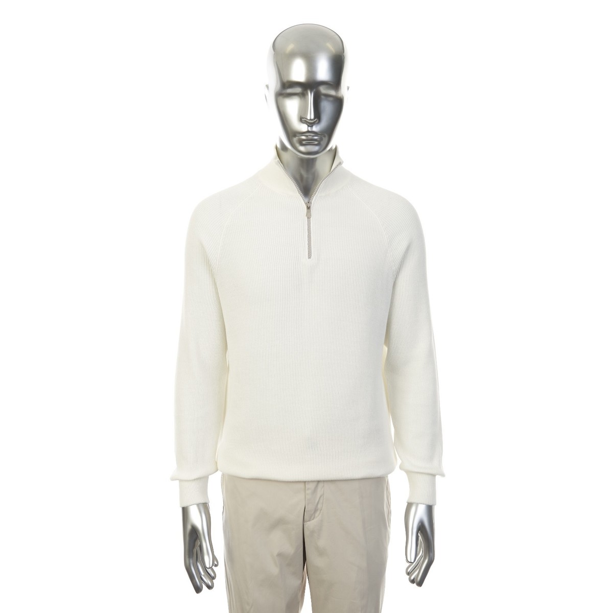 【新品未使用】BRUNELLO CUCINELLI 半袖ニット ホワイト BRUNELLO CUCINELLI 1450$ Cotton English Rib Sweater, Half Zip And