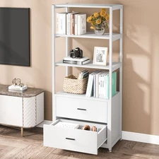 4-Tier Bookshelf Bookcase with 2 Drawers Home Office Storage Shelves Display