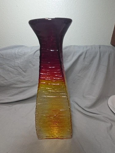 BLENKO Glass Tangerine Strata Vase 15" Tall  Etched 2008 Signed  No Sticker