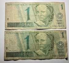 Lot of 2 Brazil 1 Real Banknote 1997-99 Hummingbird World Currency Circulated