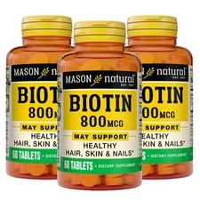3 Pack MASON NATURAL *03/2027*Biotin 800 mcg, Hair, Skin & Nail Health Support,