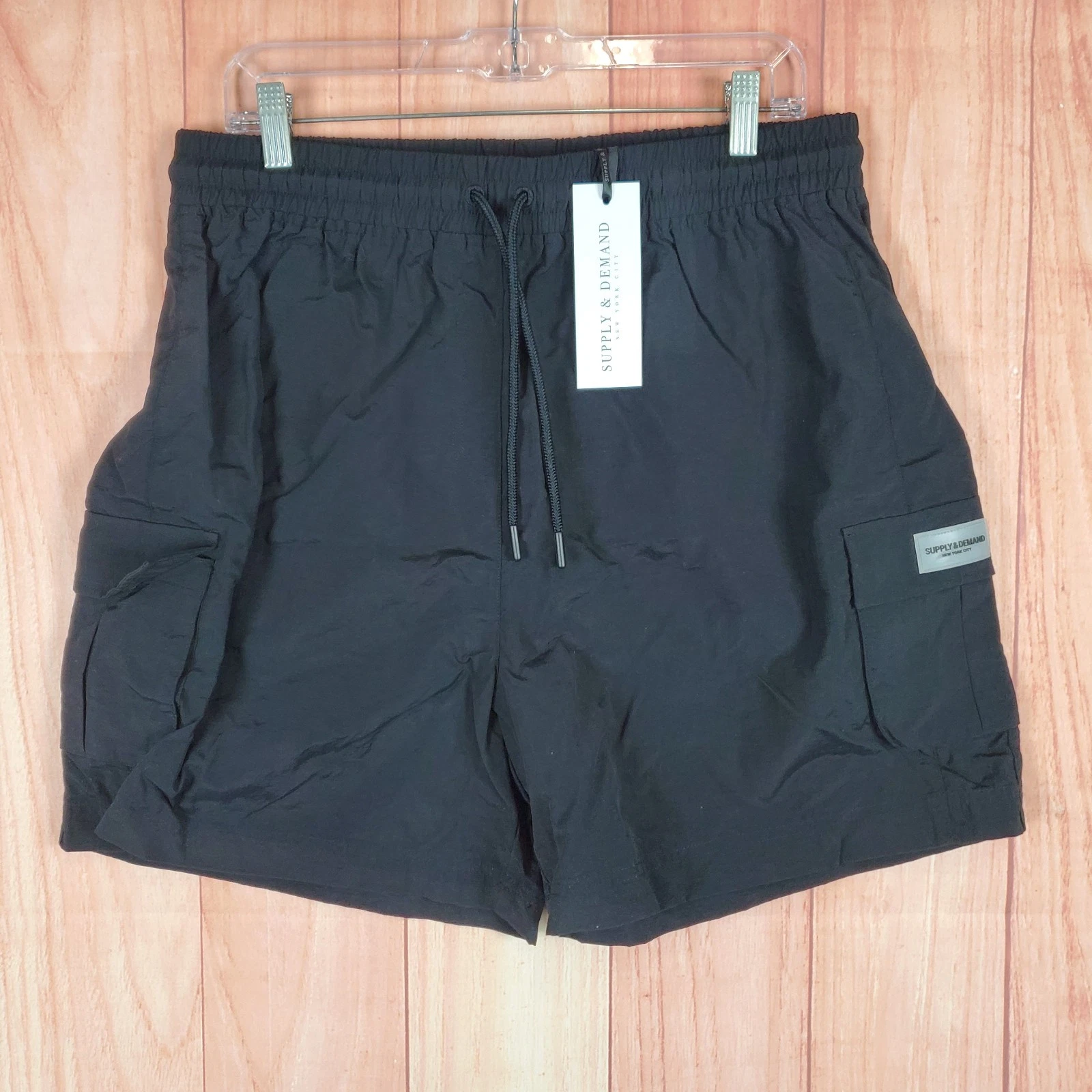 Supply & Demand Cargo Shorts Mens Large Black Logo Drawstring Hiking Camping