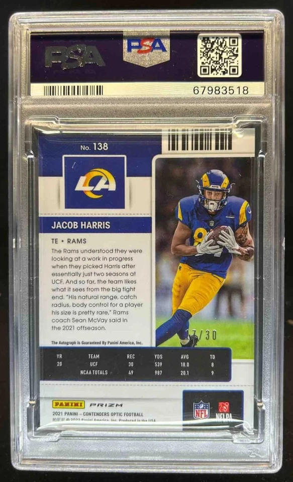 2021 Contenders Optic Jacob Harris RC Green Pulsar Rookie Ticket Auto /30 PSA 9 - Image 2 of 2