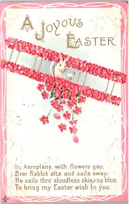 Vintage Postcard 1913 Joyous Easter Airplane Rabbit Floral Embossed Card