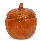 Vintage Anchor Hocking Orange Glass Pumpkin Shape Cookie Candy Dish Jar with Lid