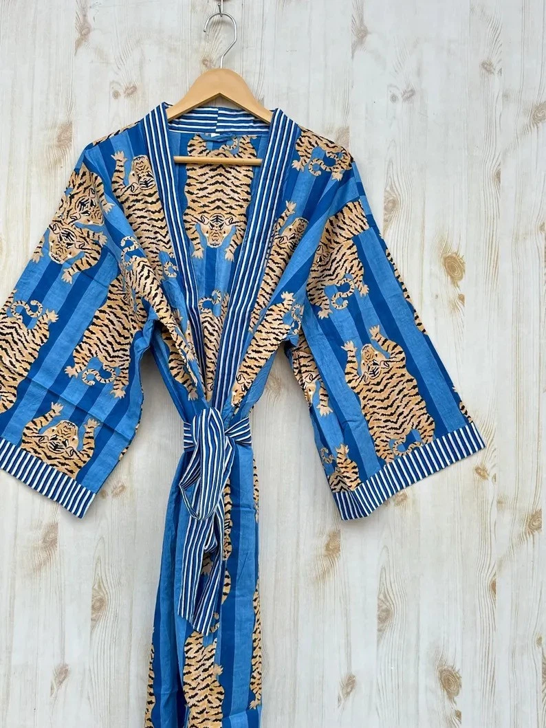 Indian Blue Tiger Print Cotton Kimono Robes Maxi Dress Womens Clothing Gown US