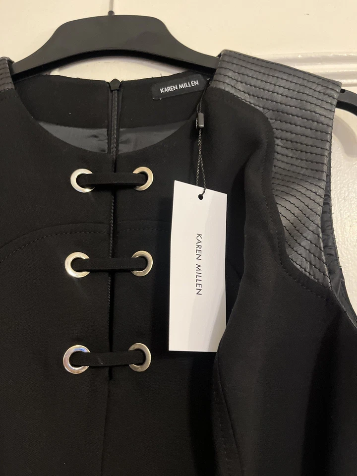 Vestido KAREN MILLEN Negro Cuero PU Borde Cinturón Ajuste Acampanado Ojales £150* 10 Nuevo con Etiquetas Foto 3 de 4