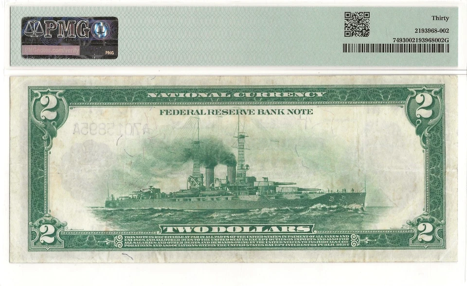 1918 $2 Federal Reserve Bank Note - Boston -  'Battleship' - fr.749 PMG VF 30 - Image 2 of 2