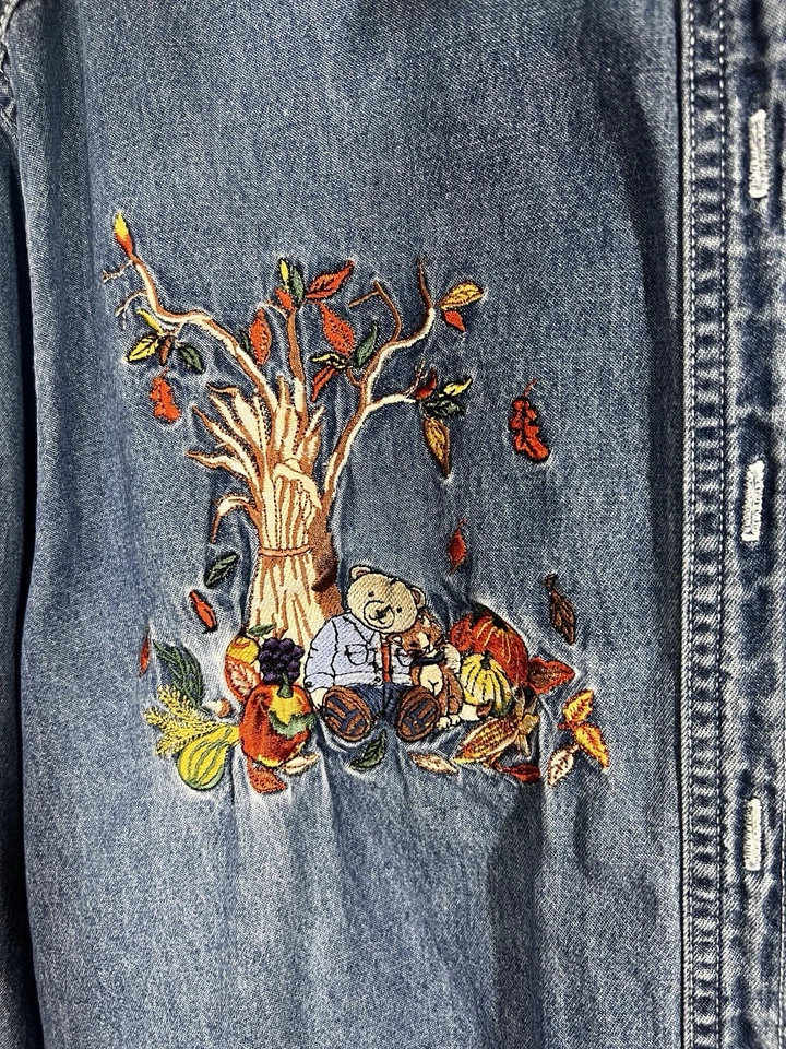 Винтажная джинсовая рубашка 90-х только мой размер на пуговицах вышитая осень листья осень 2X - Изображение 3 из 4