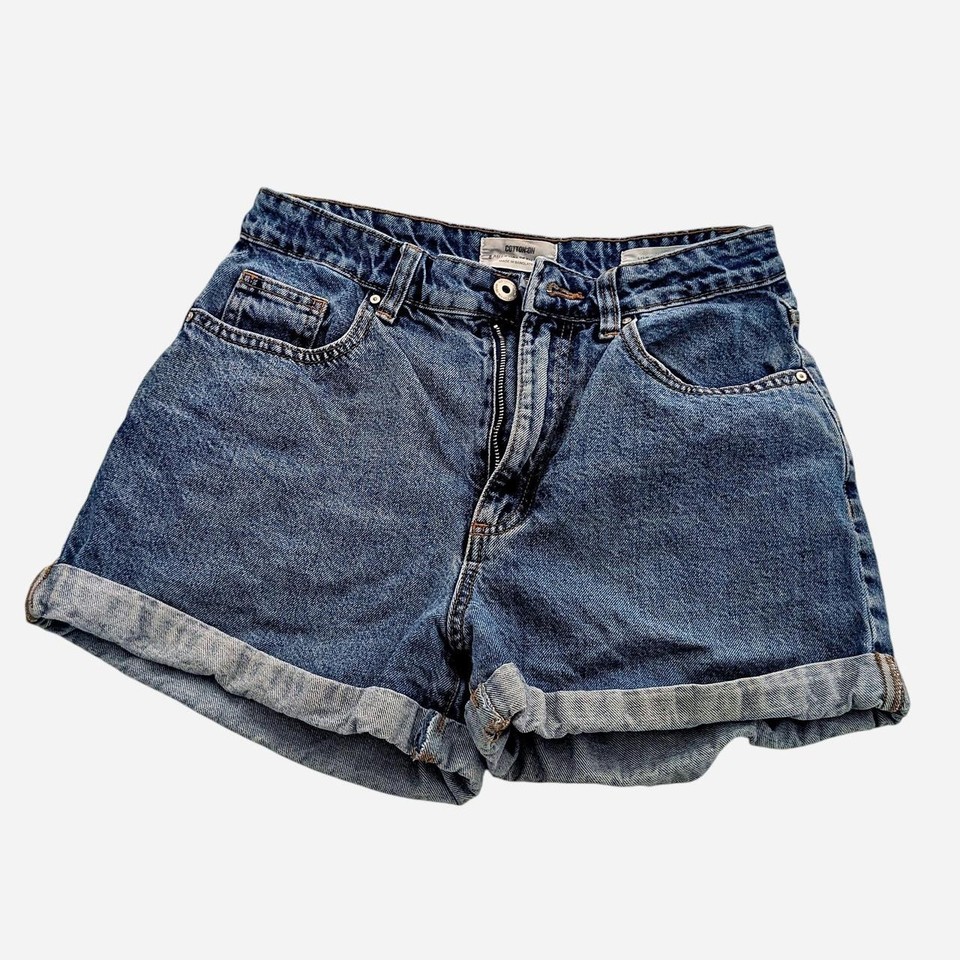 Cotton On High Rise Mom Denim Shorts AU 8 Blue Cuffed Rigid Cotton Jeans