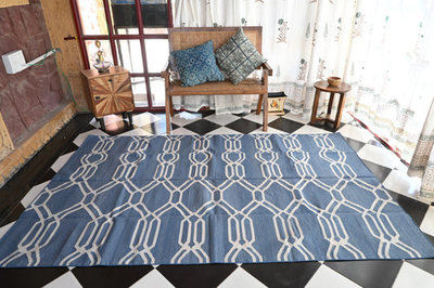 #ad Rugmoda Cotton Blue Geometric Rug 5x8 Flatweave for Living Room Bedroom Area Rug $229.99