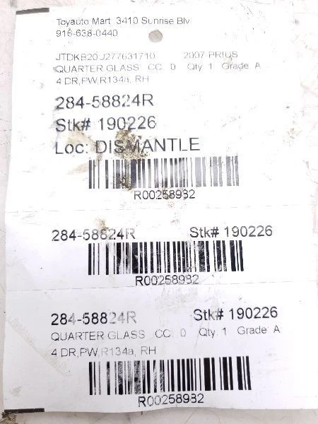 04-09 TOYOTA PRIUS PASSENGER SIDE QUARTER GLASS - Image 3 of 4