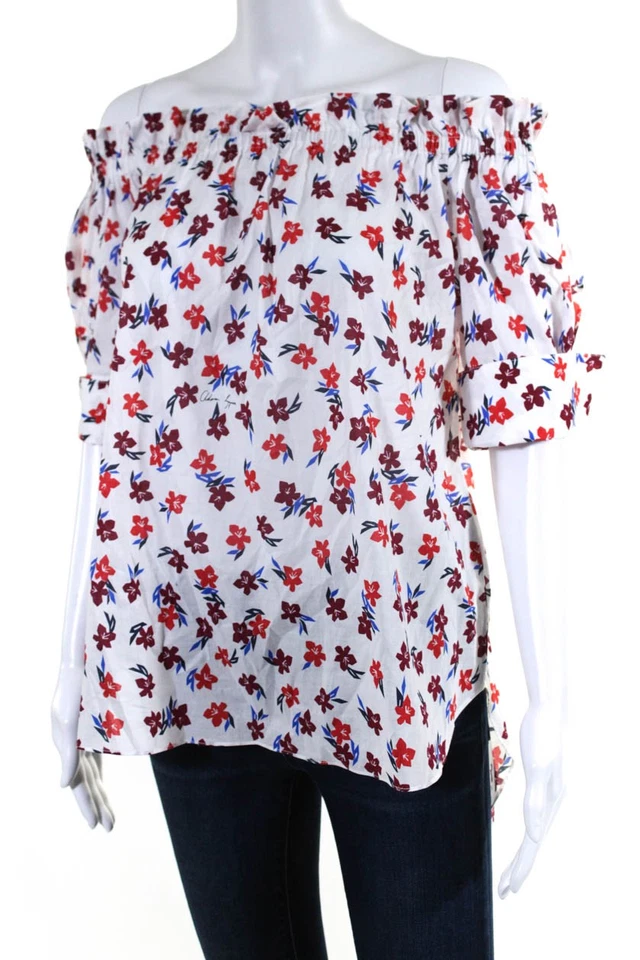 Adam Lippes Womens Cotton Floral Short Sleeve Off Shoulder Blouse White Size S - Image 2 of 4
