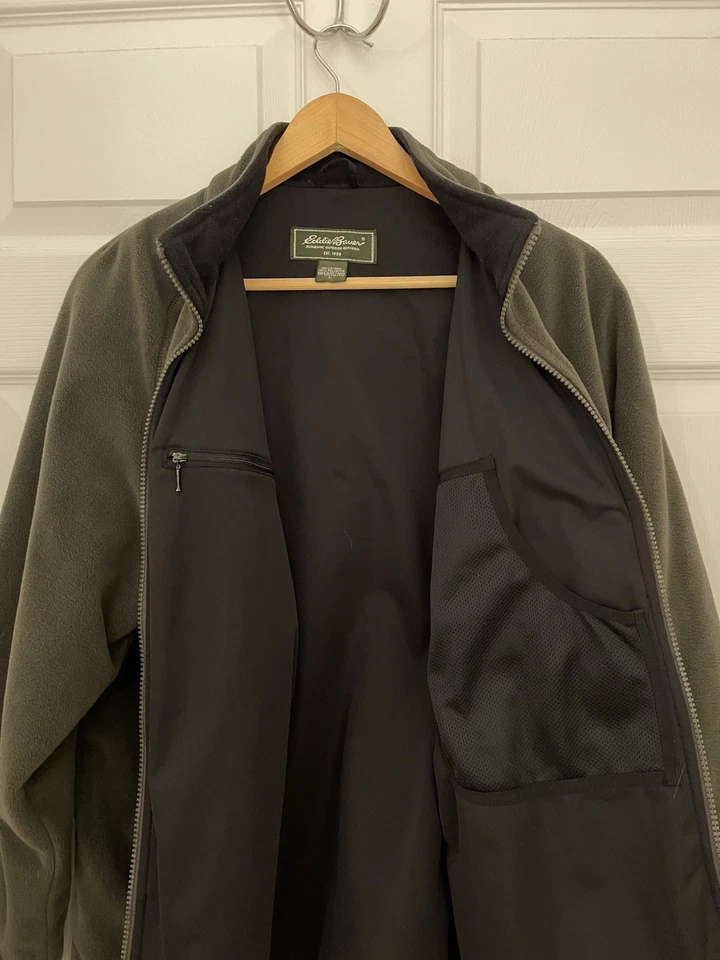 Chaqueta Eddie Bauer Cortavientos Forrada de Vellón Cálida Cremallera Verde Oscuro Para Hombres Bolsillos en L  Foto 3 de 4