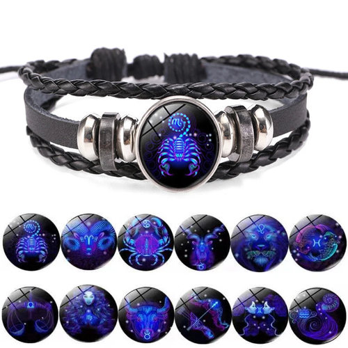 Luminous Zodiac Sign Charm Bracelets for Men & Women - Vintage Leather Wrap - Bild 2 von 24