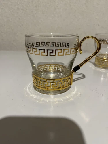 Vintage Libbey Gold Greek Key Glass Centinental Coffee Cup Set of 4