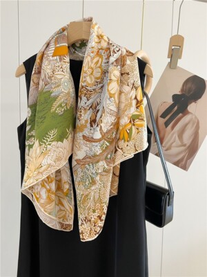 Mulberry Silk Wrap Shawl Bandanna Shawl Garden Print Square Scarf 43'' Green
