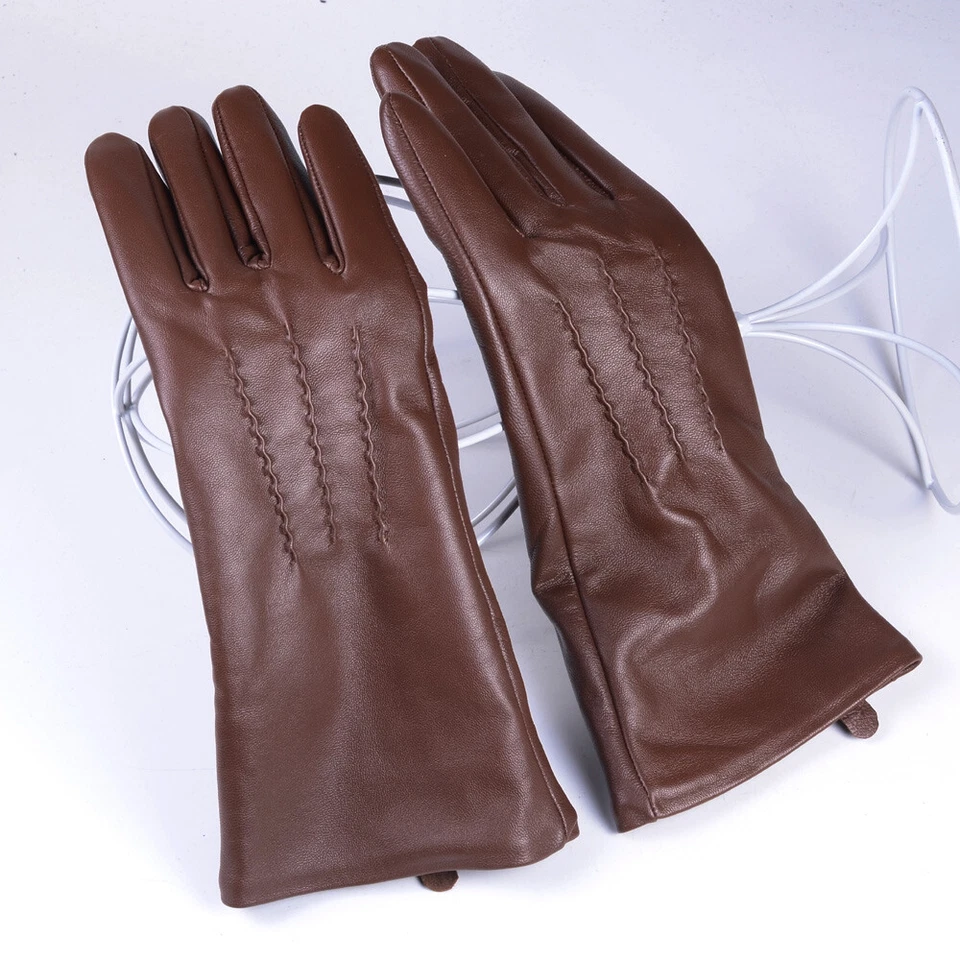 30cm Nuevo Hombre Cuero Real Marrón Medio Largo Guantes Motocicleta Invierno Cálidos Guantes Foto 3 de 4
