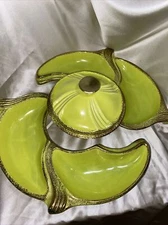 Vintage USA California Pottery Green Swirl Gold Trim 4 Piece Chip And Dip Server