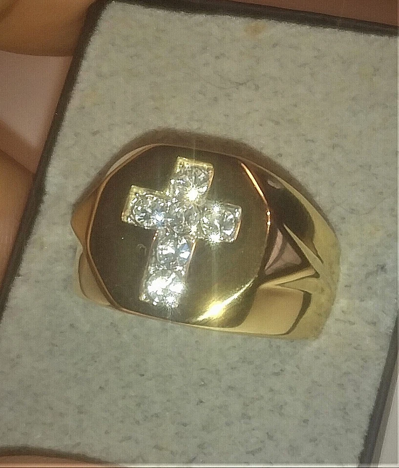Men's Stainless Steel Cross Religious Christian Faith  Gold GP CZ Crystal Ring - Image 2 of 4