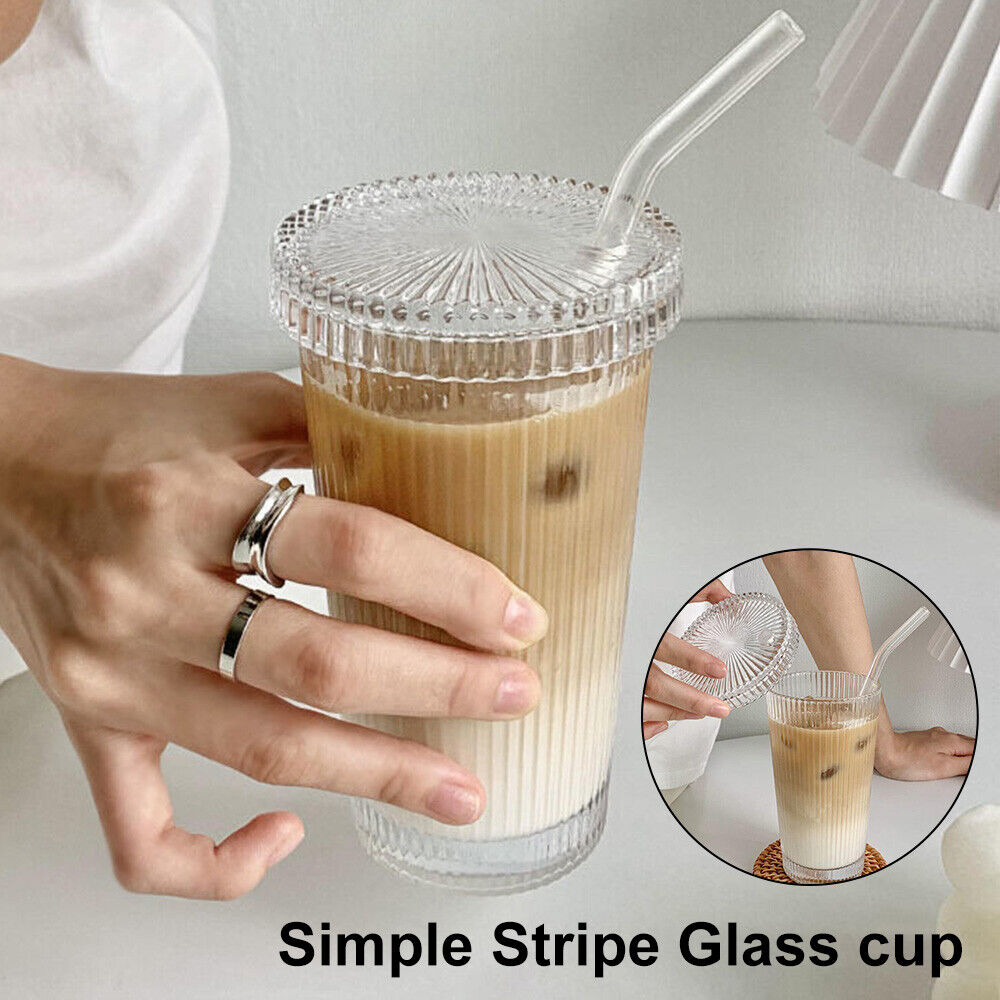 Transparent Can Shape Glass Cups With Glass Lid And Straw Ice Coffee Cup  Glass